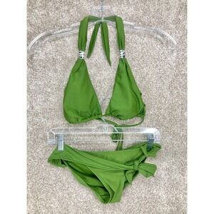 SHEIN Halter Triangle Bikini Set Womens S Olive Green Side Tie Wrap Beach Summer